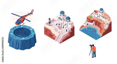 Isometric greek islands: aerial helicopter view, architecture, ocean cliffs