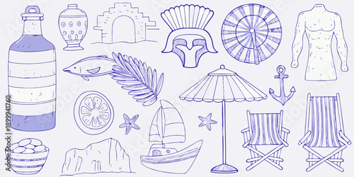Collection of blue line drawing illustrations depicting summer and nautical themes