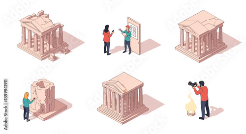 Isometric ancient landmark structures and people exploring ruins