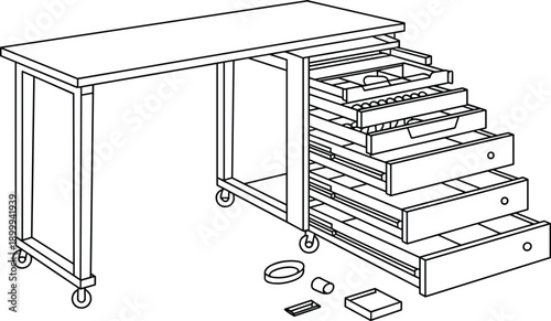 Mobile workbench tool cabinet outline illustration with open drawers rolling workshop table storage system technical vector line art isolated design furniture equipment