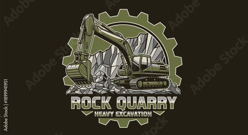 Heavy Excavation Rock Quarry Logo Design with Industrial Gear and Mountain Landscape.