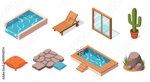 Isometric poolside elements with lounger and decor for modern outdoor design