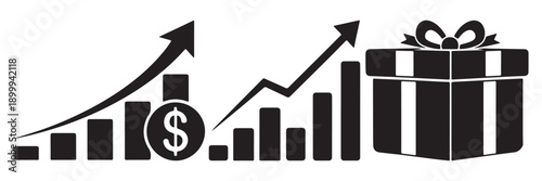 Gift of Growth: Depicting financial success with a gift-wrapped symbol. The image showcases financial growth and opportunity through charts, graph and a money symbol, accompanied by a gift.