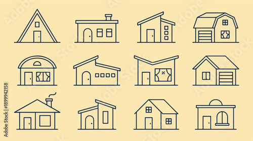 Diverse collection of modern house and building line art icons