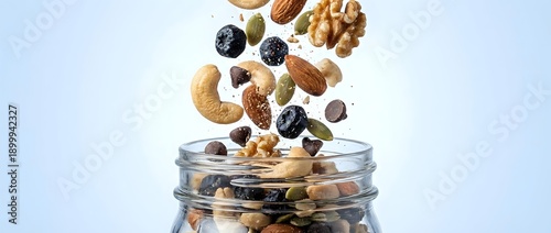 Mixed nuts and dried fruits falling into glass jar on white background for healthy snacking and food storage concepts.