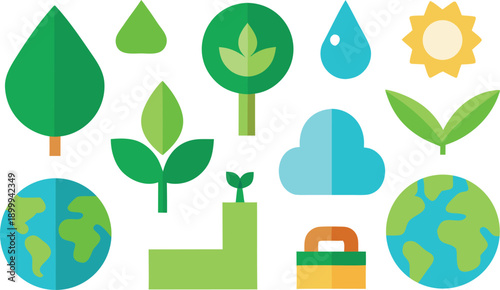 A collection of flat design icons representing nature, environment, and sustainability concepts. isolated on transparent background, Vector, illustration