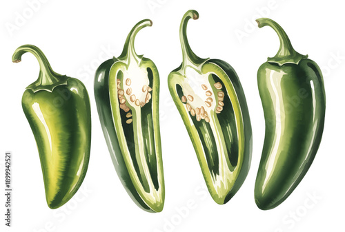 Hot green chili vegetables with seeds in gentle watercolor tones.