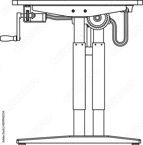Adjustable height work table mechanism line art illustration with hand crank gear system, technical furniture outline isolated on white background vector