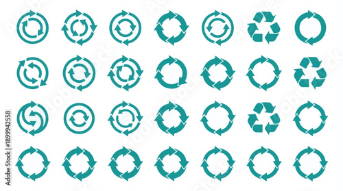 Teal cycle and recycling arrow icons set