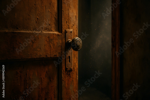 Partially open wooden door in cinematic low-light style, warm brown and deep shadow tones, mystery and opportunity concept with copy space