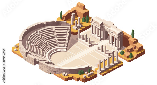 Isometric ancient amphitheater and ruins with historic columns and landscape