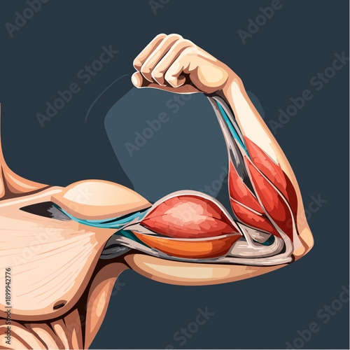 Detailed anatomical illustration of a flexed human bicep muscle showing the deltoid pectoralis and triceps with cross-section view highlighting muscle fibers and tendons against a dark blue
