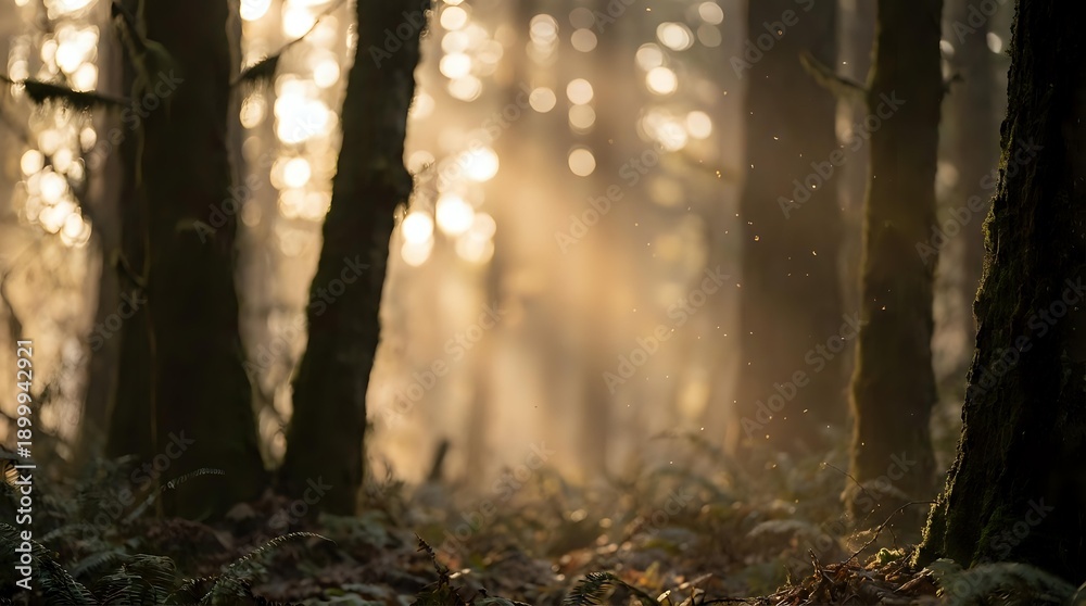 Obraz premium Sunlight streaming through misty forest with golden rays illuminating tree trunks and ground creating atmospheric woodland scene for nature backgrounds.