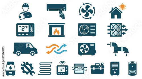 HVAC system icons with heating, cooling, ventilation, and maintenance