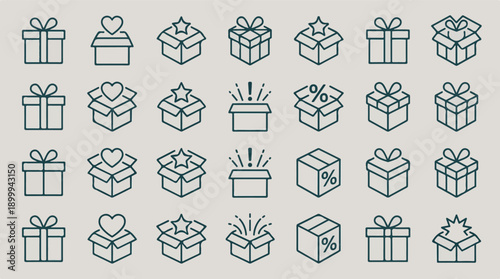 Gift box vector line icons collection with various surprise elements
