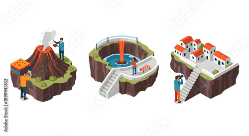 Isometric volcano eruption scenes with geothermal energy and housing elements