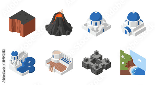 Isometric icon set of volcanic eruption and greek architecture with scenic elements