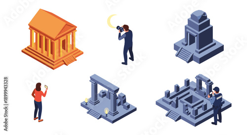 Isometric ancient architecture with photographers capturing ruins and landmarks at night