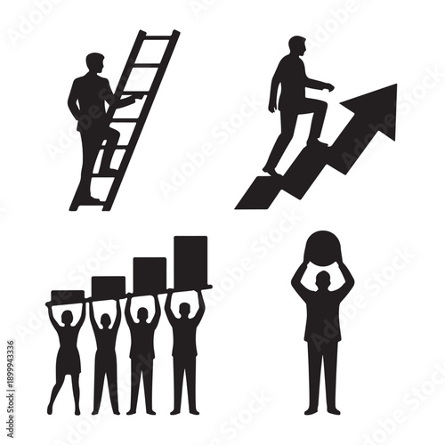 Set of business people silhouettes depicting various scenarios of career development teamwork problem solving and aspiration for success