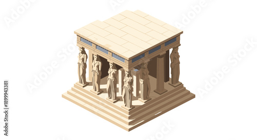 Isometric ancient greek temple with caryatids on stairs