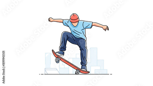 A skateboarder performs a trick on a skateboard in an urban environment from a side viewpoint.