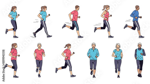 Women jogging and running in various poses and outfits on a plain background from different viewpoints