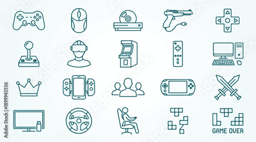 Gaming and Video Game Outline Icons Set with Controllers, Consoles, and Accessories