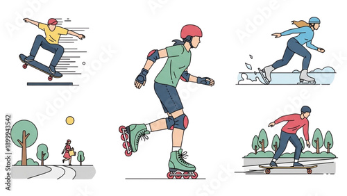 Illustrations of people engaging in various extreme sports and activities on different terrains and environments