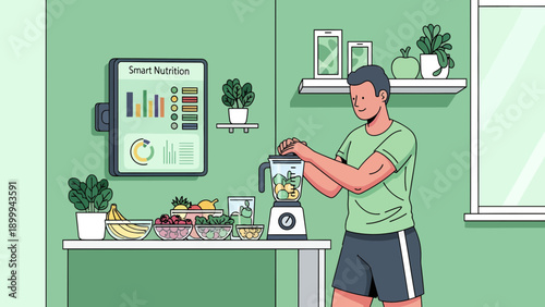 Man preparing a healthy smoothie with fresh fruits and vegetables.