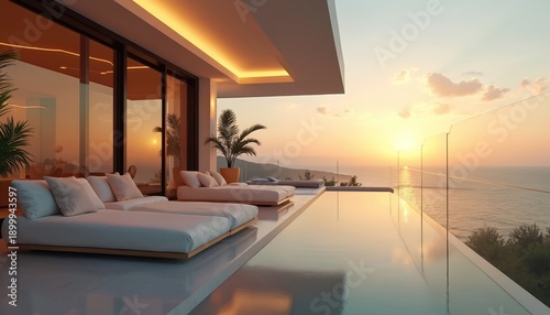 Luxury modern villa balcony with infinity pool overlooking ocean sunset. Contemporary design offers relaxing lounge beds and rich potted plants. Serene view of calm sea and hills at dusk.