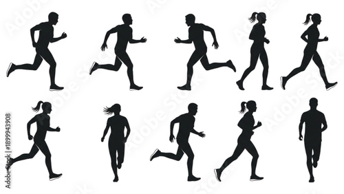 Collection of silhouetted runners in various poses and actions, showcasing different running styles on a plain white background from a straightforward viewpoint