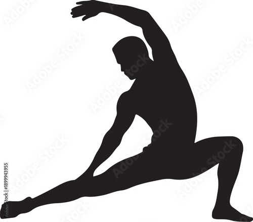 Silhouette of person doing yoga stretch with one leg extended and arms raised