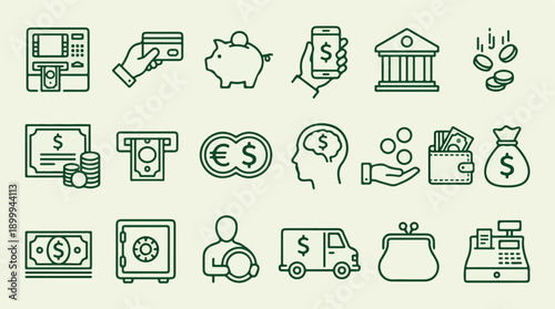 Minimalist finance and money line icons for banking and financial services