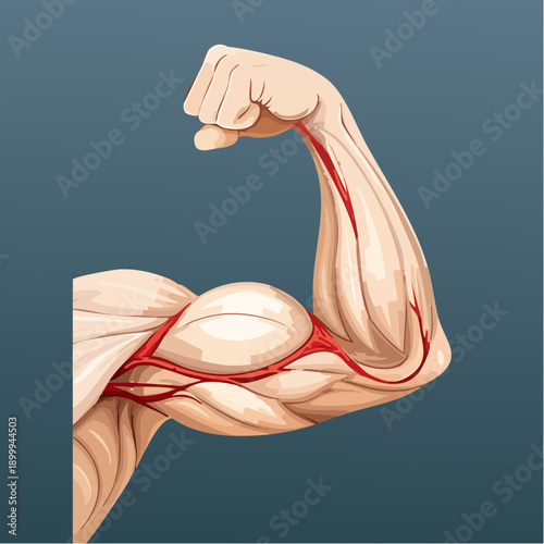 Detailed Pixel Art Illustration of a Flexed Human Bicep Muscle Showing Veins and Arteries Against a Solid Teal Background