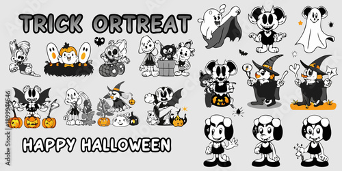 Cartoon mice celebrate halloween with costumes and spooky decorations