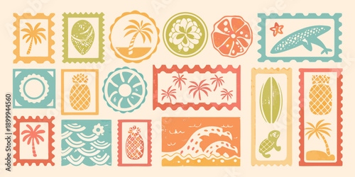 Collection of colorful vintage style postage stamps with tropical themes