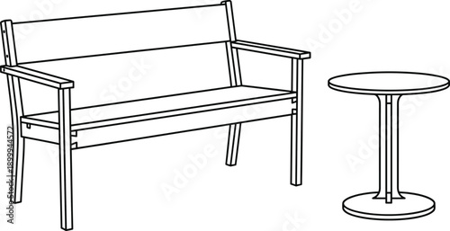 Minimal line art wooden bench with armrests and round side table illustration for outdoor patio furniture and modern garden seating concepts design
