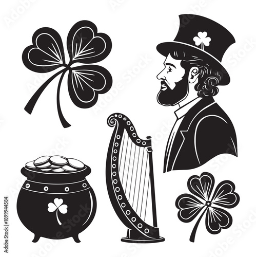 An Irish woman plays a traditional harp string instrument in this vector illustration design featuring a St Patrick's Day leprechaun symbol for music and Ireland art