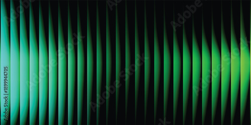 A dynamic, abstract representation of sound waves rendered in glowing vertical lines of green and blue against a black background.
