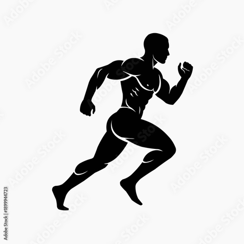 black vector illustration of a muscular male athlete in a dynamic sprinting pose. The silhouette highlights the runner's physique and motion, suggesting speed, power, and fitness. It is a simple, bold