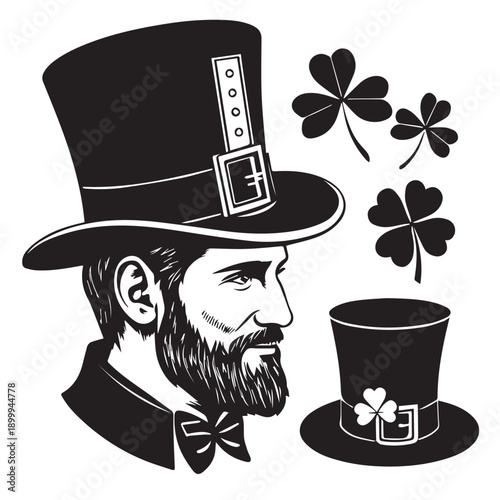 Retro cartoon illustration of a magic St Patricks Day leprechaun wearing a black top hat and business suit vector icon design
