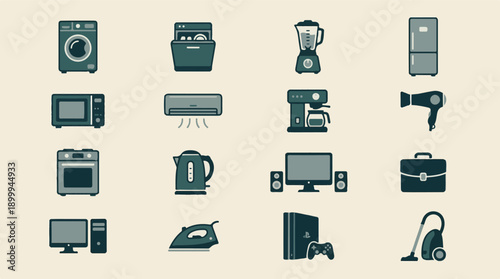 Collection of minimalist home appliances and electronics vector icons
