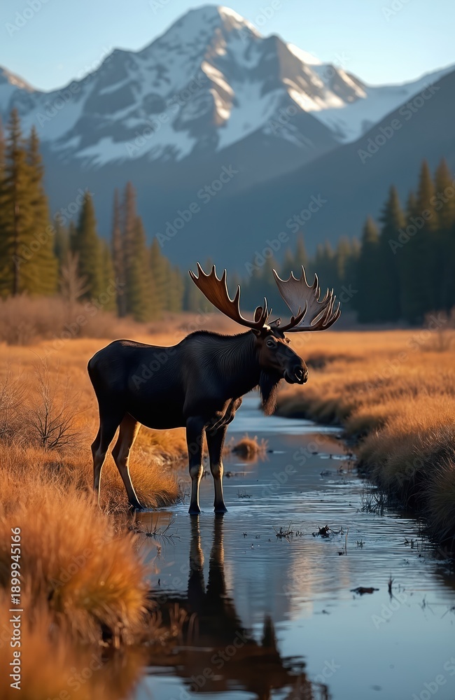 Fototapeta premium Majestic bull moose stands in shallow stream water at sunset. Huge antlers visible. Mountains and pine trees in background. Dry grass field surrounds stream. Animal drinks water.