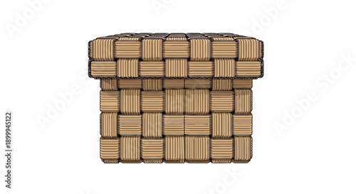 Woven Corrugated Cardboard Box Vector Illustration. Isolated Craft Container or Ottoman with Textured Pattern and Hand-Drawn Style.