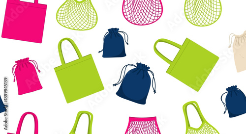 Seamless Pattern of Reusable Shopping Bags and Zero Waste Pouches. Eco-Friendly Tote, String Mesh Bag, and Drawstring Sack Vector Background.