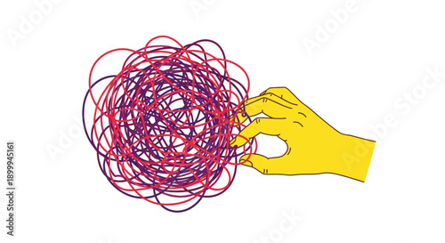 Hand untangling a tangled thread ball. Concept of finding a solution, complexity, confusion, stress, and problem solving.