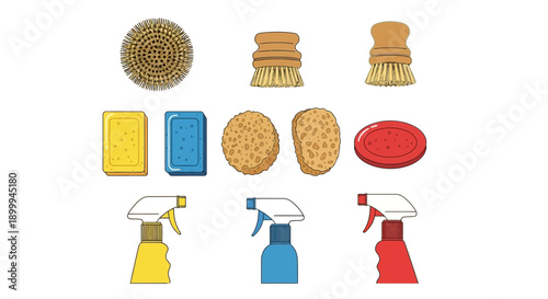 Household Cleaning Supplies Vector Set. Icons of Brushes, Sponges, Soap, and Spray Bottles for Kitchen and Home Sanitation.