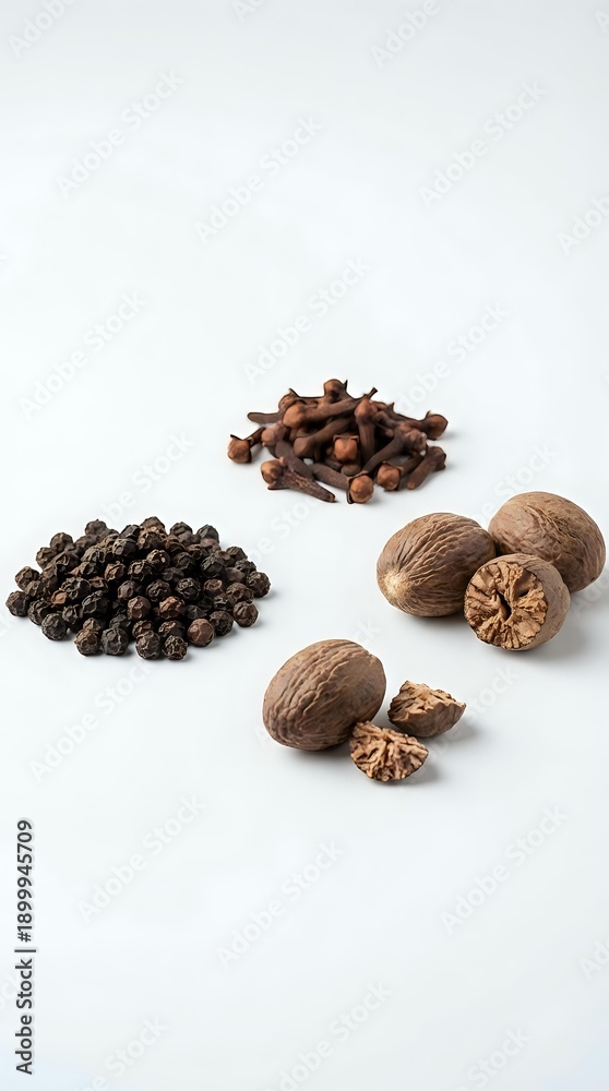 Obraz premium Assorted whole spices and nuts including black peppercorns, cloves, and walnuts arranged on white background for culinary and cooking projects.