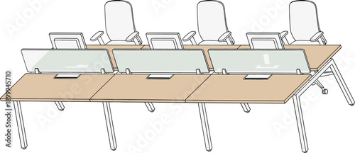 Modern office workstation illustration with modular desks office chairs and glass privacy panels for collaborative workspace interior design isolated on white background