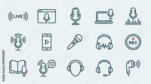 Audio recording, podcasting, and live streaming vector line icons set